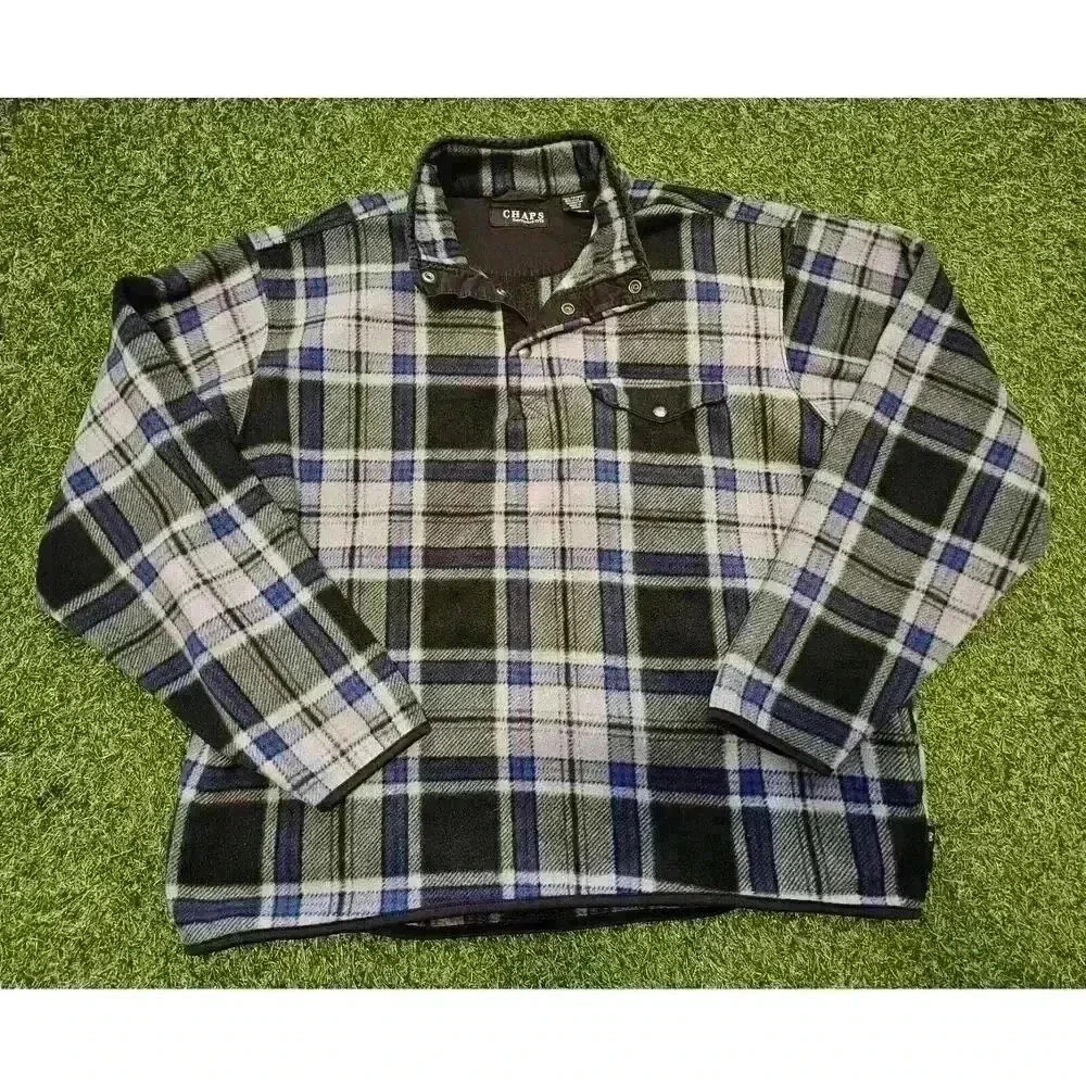 CHAPS Dark Grey Blue Red Plaid Mens XL 1/4 Snap Fleece Pullover Pockets Y2K